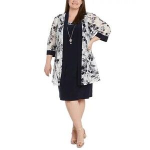 R&M Richards Plus Size Printed Jacket & Necklace Dress, Navy White, Size 16W